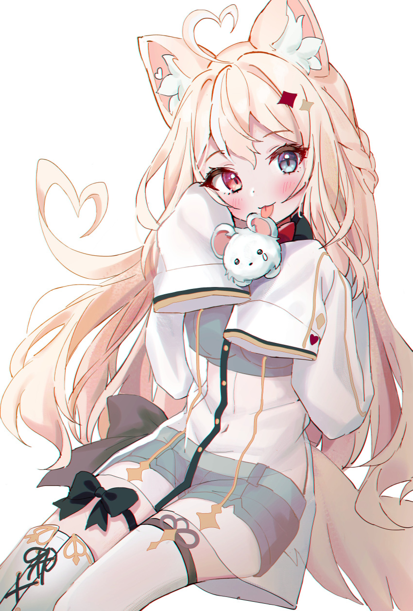 1girl :p absurdres ahoge animal_ear_fluff animal_ears blonde_hair blue_eyes blush breasts cat_ears cat_tail hair_ornament heart heart_ahoge heterochromia highres large_breasts lee_jooin long_hair long_sleeves looking_at_viewer multicolored_hair navel red_eyes see-through see-through_shirt sitting star_(symbol) star_hair_ornament streaked_hair tail tanasechobi thighhighs tongue tongue_out v-lup virtual_youtuber white_hair white_thighhighs