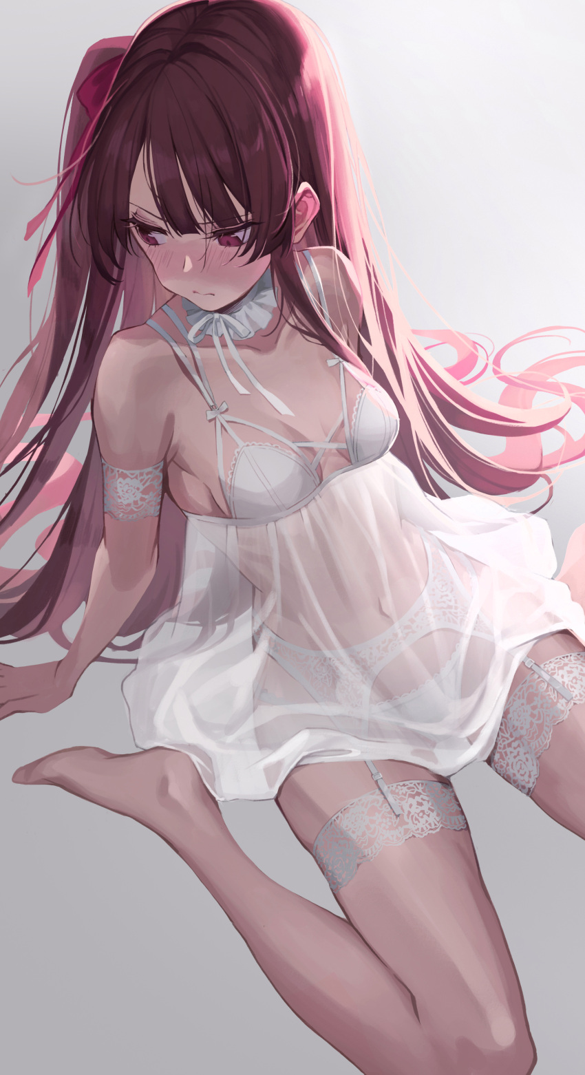 1girl absurdres babydoll bare_shoulders blush breasts cleavage closed_mouth collarbone detached_collar embarrassed full-face_blush garter_belt girls'_frontline gradient_background grey_background hair_ribbon highres long_hair looking_to_the_side m2_(guvn5745) medium_breasts no_shoes panties purple_eyes purple_hair red_ribbon ribbon see-through solo underwear underwear_only v-shaped_eyebrows very_long_hair wa2000_(girls'_frontline) war white_panties