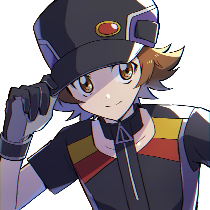 1boy black_gloves black_headwear brown_eyes brown_hair collarbone gloves highres hilbert_(pokemon) hilbert_(sygna_suit)_(pokemon) looking_to_the_side male_focus official_alternate_costume pokemon pokemon_(game) pokemon_masters_ex rrrisyf shirt simple_background smile solo upper_body white_shirt