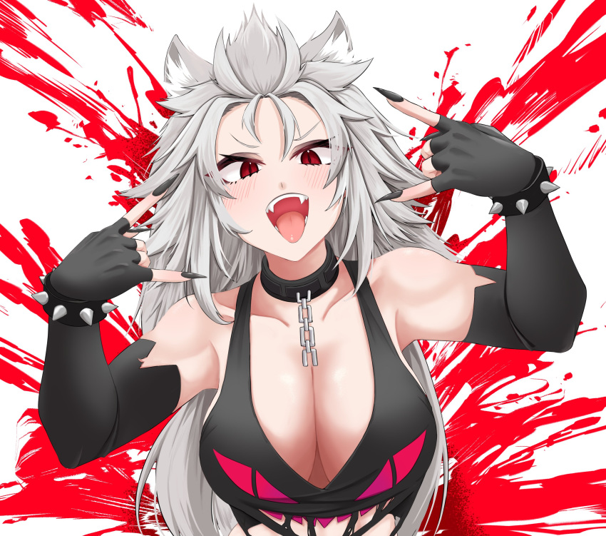 1girl absurdres animal_ear_fluff animal_ears black_bracelet black_collar black_gloves black_nails black_shirt bracelet breasts cleavage collar cropped_shirt double_v elbow_gloves fangs fingerless_gloves gloves grey_hair highres jewelry large_breasts looking_at_viewer mmneko open_mouth red_eyes shirt slit_pupils spiked_bracelet spikes v virtual_youtuber vshojo wolf_ears wolf_girl zentreya zentreya_(werewolf)