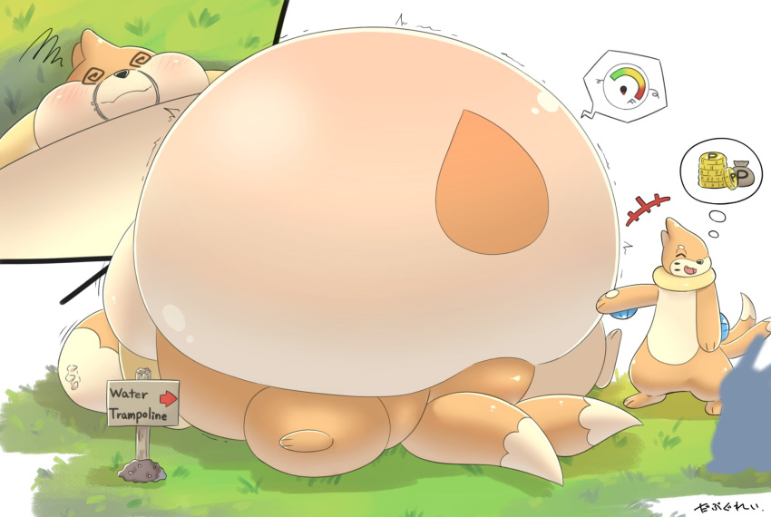 2_tails anthro belly belly_expansion belly_inflation big_belly body_expansion body_inflation brother_(lore) brothers_(lore) buizel coin duo expansion floatzel generation_4_pokemon gesture happy hi_res huge_belly immobile inflation lying male money money_bag multi_tail nintendo norsu327 on_back pawpads pointing pointing_at_another pokemon pokemon_(species) pressure_gauge rubber_band sibling_(lore) signature signpost smile spiral_eyes tail thought_bubble