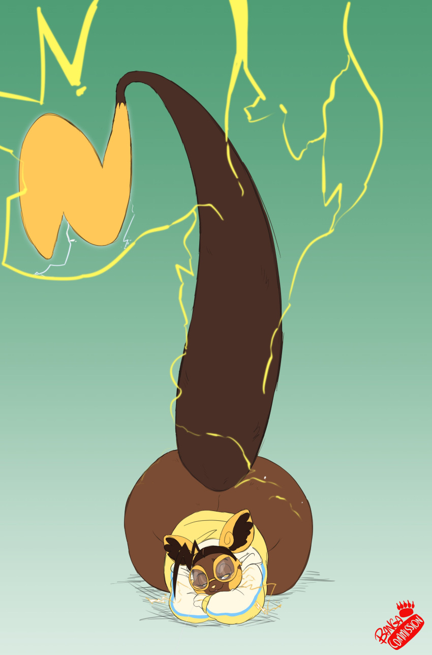 2022 absurd_res alolan_form alolan_raichu anthro ass_up bangabear big_butt big_tail biped bottomless brown_body brown_hair butt cheek_spots clothed clothing deecie_(character) electricity electricity_manipulation elemental_manipulation eyewear fan_character female front_view glasses gloves_(marking) gradient_background green_background hair half-closed_eyes hi_res hoodie huge_butt huge_hips huge_thighs inner_ear_fluff lightning long_tail looking_at_viewer lying markings narrowed_eyes nintendo on_front on_ground pokemon pokemon_(species) pokemorph prehensile_tail raised_tail regional_form_(pokemon) round_glasses shiny_pokemon short_hair short_stack signature simple_background smile solo tail thick_thighs tongue tongue_out topwear tuft wide_hips yellow_clothing yellow_eyes yellow_hoodie yellow_nose yellow_topwear