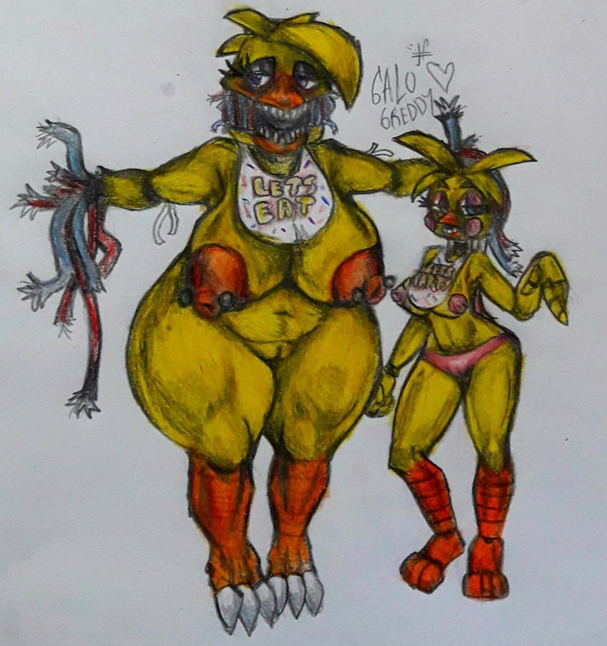 animatronic anthro areola avian avian_feet bib big_breasts bird blue_eyes breasts chicken clothing duo eyelashes feathers female five_nights_at_freddy's five_nights_at_freddy's_2 galliform gallus_(genus) galozero3000 genitals grey_background head_feathers head_tuft hi_res huge_breasts looking_at_viewer machine navel nipple_piercing nipples nude open_mouth orange_areola orange_nipples panties phasianid piercing pink_areola pink_clothing pink_nipples pink_panties pink_underwear purple_eyes pussy robot rosy_cheeks scottgames sharp_teeth simple_background slightly_chubby teeth thick_thighs toy_chica_(fnaf) traditional_media_(artwork) tuft underwear wide_hips wire withered_chica_(fnaf) yellow_body yellow_feathers