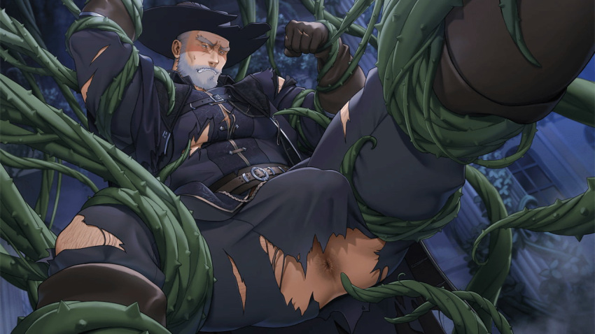 1boy anus bara beard black_jacket black_pants boots bound bound_legs bound_wrists brown_gloves bulge crave_saga facial_hair gloves gorou_naoki hat jacket large_pectorals male_focus muscular muscular_male nerfen_(crave_saga) official_art outdoors pants pectorals restrained short_hair solo tentacles tentacles_on_male torn_clothes torn_pants white_hair