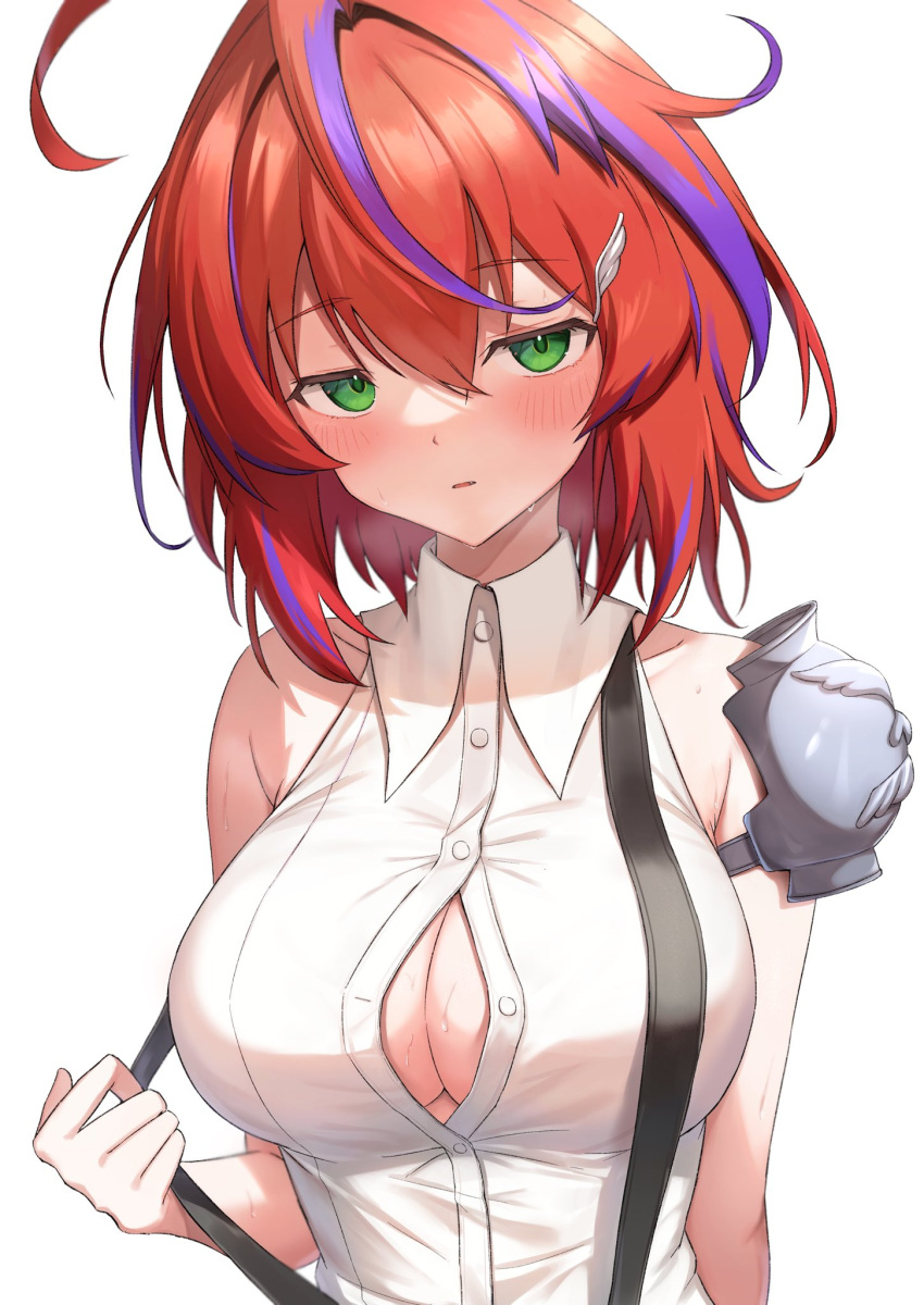 1girl ahoge akane_canna akane_canna_(1st_costume) armor blush breasts button_gap cleavage collared_shirt colored_tips commission double-parted_bangs embarrassed green_eyes highres large_breasts looking_at_viewer messy_hair multicolored_hair nanashi_inc. no_bra pauldrons purple_hair red_hair shirt short_hair shoulder_armor single_pauldron skeb_commission sleeveless sleeveless_shirt solo streaked_hair suspenders suspenders_pull sweat two-tone_hair upper_body virtual_youtuber white_shirt wing_hair_ornament yotsugi
