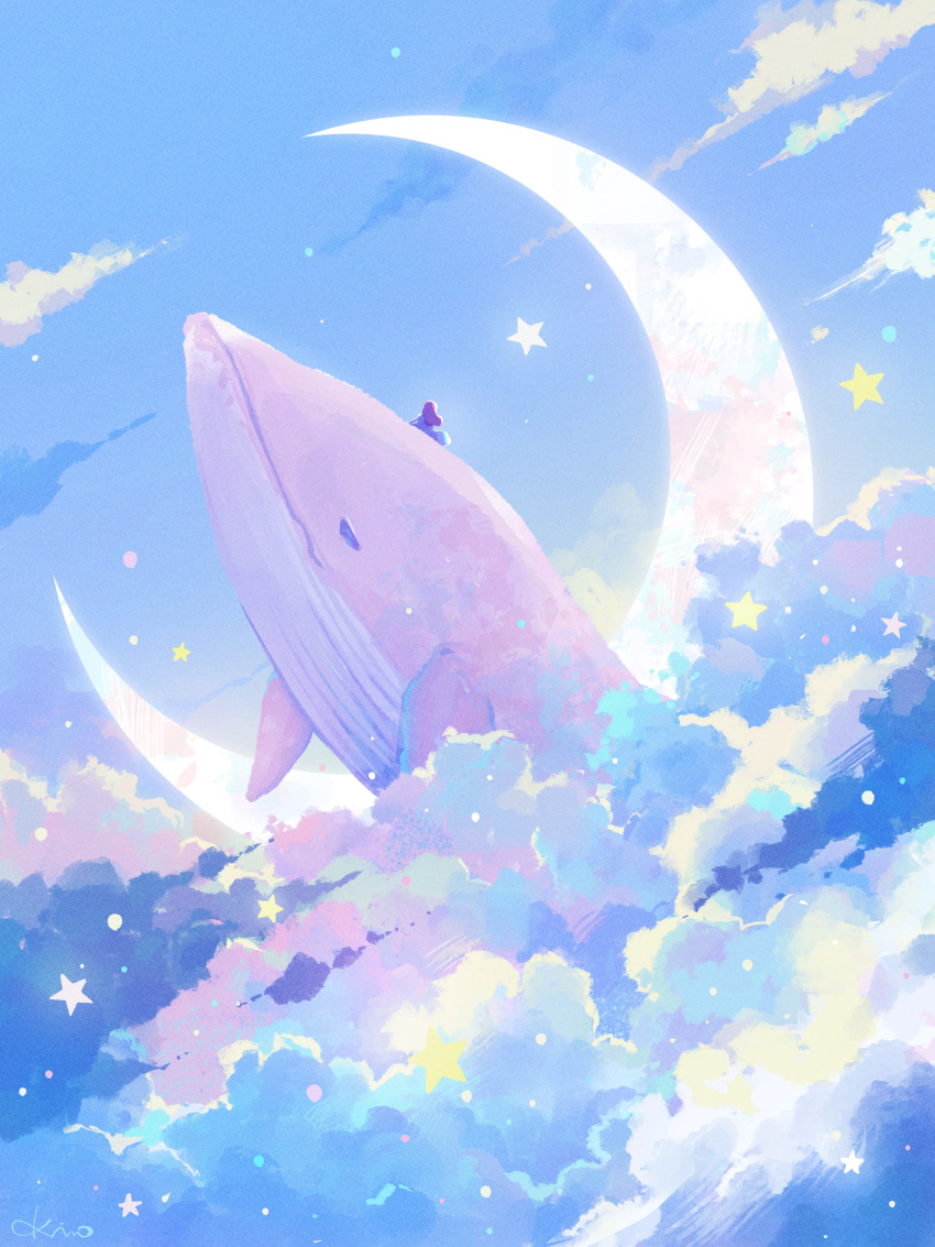 1girl absurdres blue_clouds blue_sky crescent_moon dress highres long_hair moon original pastel_colors pink_hair sitting_on_animal sky solo star_(sky) whale white_dress yuzuki_kino