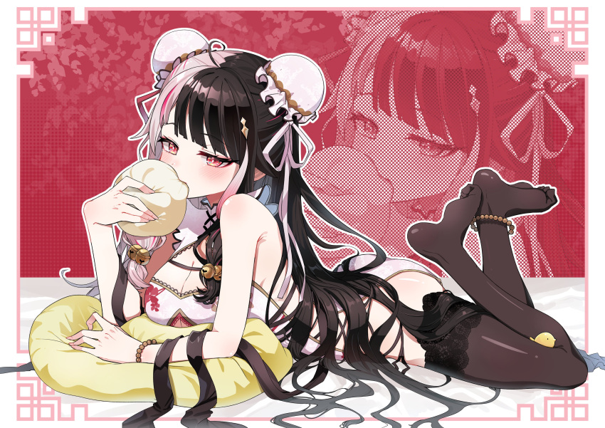 1girl absurdres ahoge armpit_crease ass baozi bead_anklet bead_bracelet beads bell bird black_hair blush bracelet breasts bun_cover chest_strap chick china_dress chinese_clothes cleavage clothing_cutout commission cross-laced_slit dot_nose double_bun dress eating eyeshadow feet floral_print_dress food hair_bell hair_bun hair_ornament highres jewelry jingle_bell lace-trimmed_thighhighs large_breasts long_hair looking_at_viewer lying makeup multicolored_hair multicolored_ribbon nijisanji on_stomach pelvic_curtain print_dress psd_available red_eyes red_eyeshadow red_hair ribbon second-party_source skeb_commission solo split-color_hair streaked_hair sui_hi_sf tassel tassel_hair_ornament two-tone_hair underboob_cutout very_long_hair virtual_youtuber white_dress white_hair yorumi_rena yorumi_rena_(10th_costume)