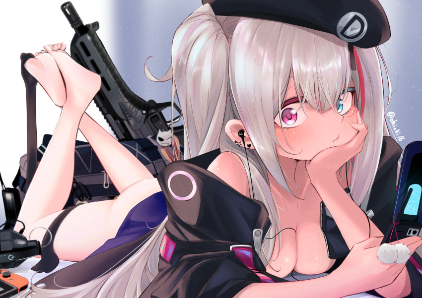 1girl artist_name beret between_breasts bottomless breasts cellphone cheek_rest cleavage crossed_legs desert_tech_mdr earphones explosive flip_phone foot_dangle girls'_frontline grenade grey_hair hat head_rest highres holding holding_phone jacket long_hair lying mdr_(girls'_frontline) multicolored_hair ohichi16 on_stomach one_side_up open_clothes open_jacket phone pink_eyes streaked_hair thighhighs_removed