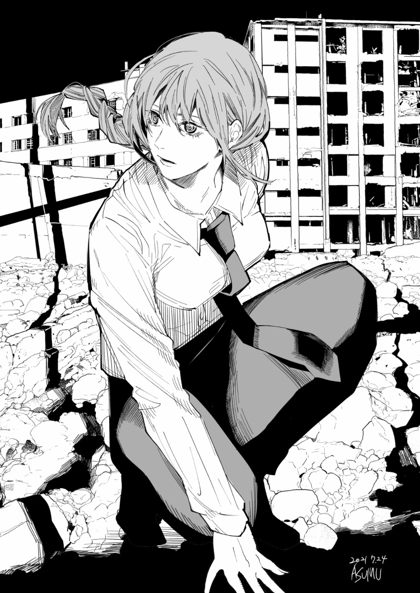 1girl artist_name braid braided_ponytail chainsaw_man collared_shirt dated greyscale highres looking_to_the_side makima_(chainsaw_man) matsumotoasumu medium_hair monochrome necktie open_mouth ringed_eyes ruins shirt shirt_tucked_in solo squatting