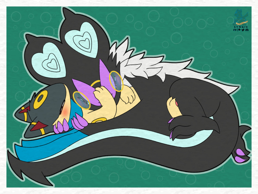 2023 4:3 cuddling eeveelution fenderquil generation_2_pokemon generation_6_pokemon hi_res hybrid nintendo noivern pokemon pokemon_(species) quilava synge syngie umbreon