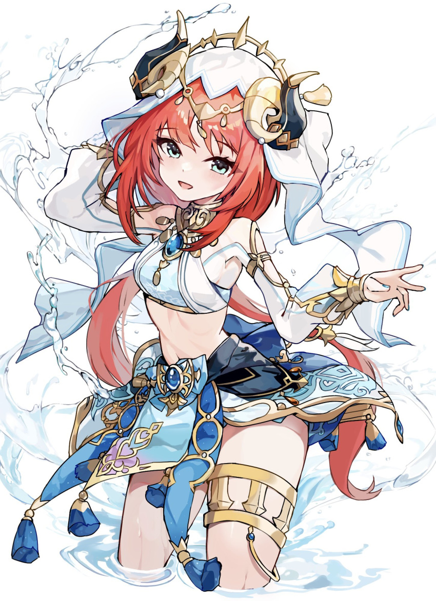 1girl bare_shoulders blue_eyes blue_gemstone blue_veil brooch circle dancer fake_horns gem genshin_impact gold_trim hand_on_headwear harem_outfit highres horns in_water jewelry knees_up legs long_hair long_sleeves nail_polish navel nilou_(genshin_impact) open_mouth puffy_long_sleeves puffy_sleeves red_hair ro/ku smile solo stomach veil water white_background white_headdress white_veil