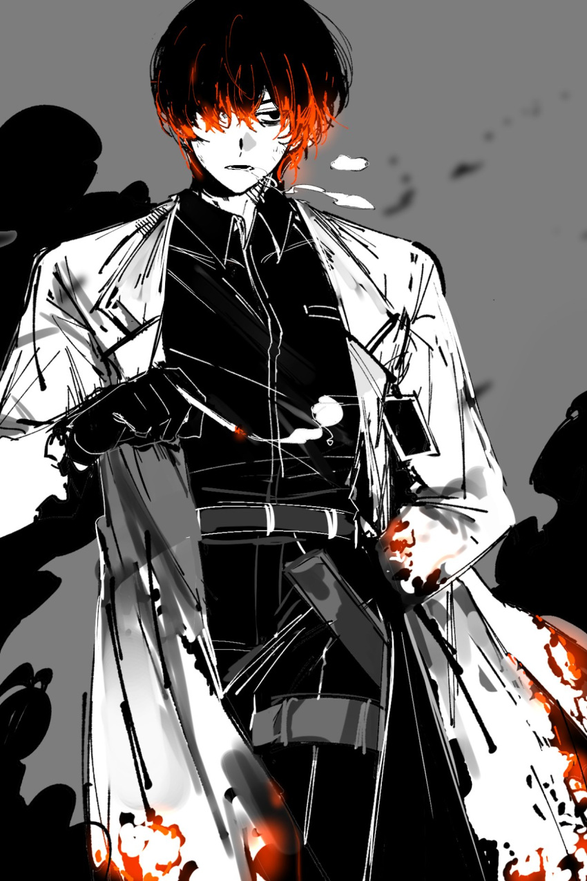 1boy black_eyes black_gloves black_hair black_pants black_shirt burnt_clothes cigarette coat collared_shirt commentary_request e.g.o_(project_moon) fiery_hair gloves grey_background highres isangjuuija korean_commentary limbus_company long_sleeves male_focus pants project_moon red_hair shirt solo thigh_strap white_coat wing_collar yi-sang_(limbus_company)
