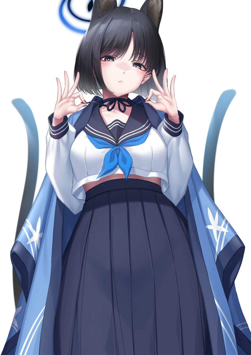 1girl animal_ears black_eyes black_hair black_sailor_collar black_skirt blue_archive blue_neckerchief cat_ears haori highres japanese_clothes ken_ill kikyou_(blue_archive) neckerchief pleated_skirt sailor_collar school_uniform serafuku short_hair skirt solo