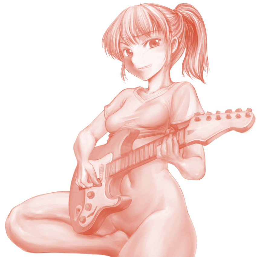 1girl bottomless breasts guitar highres holding holding_instrument holding_plectrum instrument minamoto80486 monochrome music navel original playing_instrument plectrum ponytail red_theme shirt short_hair short_sleeves simple_background sitting small_breasts smile solo tied_shirt v-neck white_background