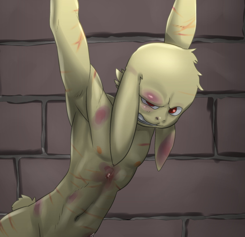 2019 angry anthro brick_wall bruised clenched_teeth dungeon fur hi_res hybrid lagomorph leporid male mammal navel nipples nude rabbit rabbittakahashi red_eyes restrained_arms scared solo tail teeth torture wall_(structure) whip_mark wounded yellow_body yellow_fur