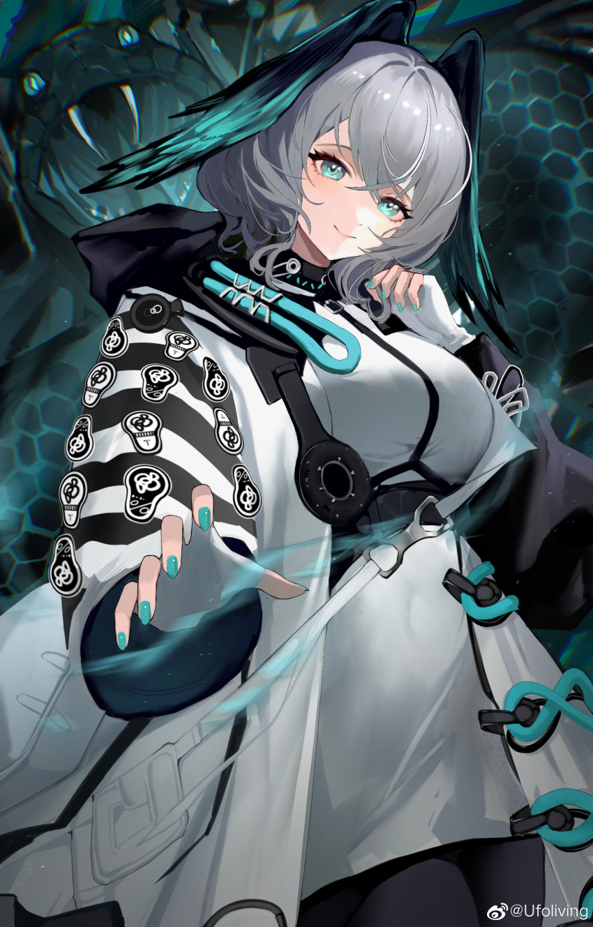 1girl absurdres aqua_eyes aqua_nails aqua_sclera aqua_wings arknights between_breasts breasts coat colored_sclera crossed_legs dress fangs feathered_wings fingerless_gloves fingernails gloves grey_hair hair_between_eyes head_wings highres ho'olheyak_(arknights) infection_monitor_(arknights) large_breasts long_coat long_sleeves looking_at_viewer open_clothes open_coat open_mouth scales sharp_fingernails short_hair sidelocks smile snake solo strap_between_breasts ufoliving upper_body white_dress white_gloves wings