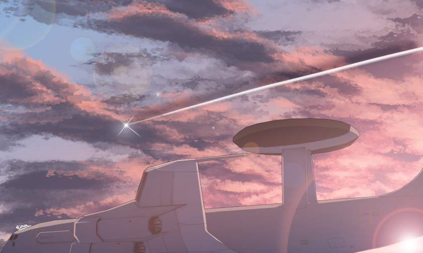 aircraft airplane blue_sky cloud cloudy_sky day highres light_rays line4x military morning no_humans original scenery sky sparkle sunlight sunrise