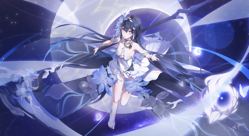 1girl absurdres bare_shoulders barefoot breasts chest_tattoo crescent dress flower hair_between_eyes hair_flower hair_ornament highres holding holding_scythe holding_weapon honkai_(series) honkai_impact_3rd long_hair looking_back moon ooo_wange open_hand outstretched_arm parted_lips scythe seele_vollerei seele_vollerei_(herrscher_of_rebirth) small_breasts solo tattoo toes weapon white_dress white_headwear