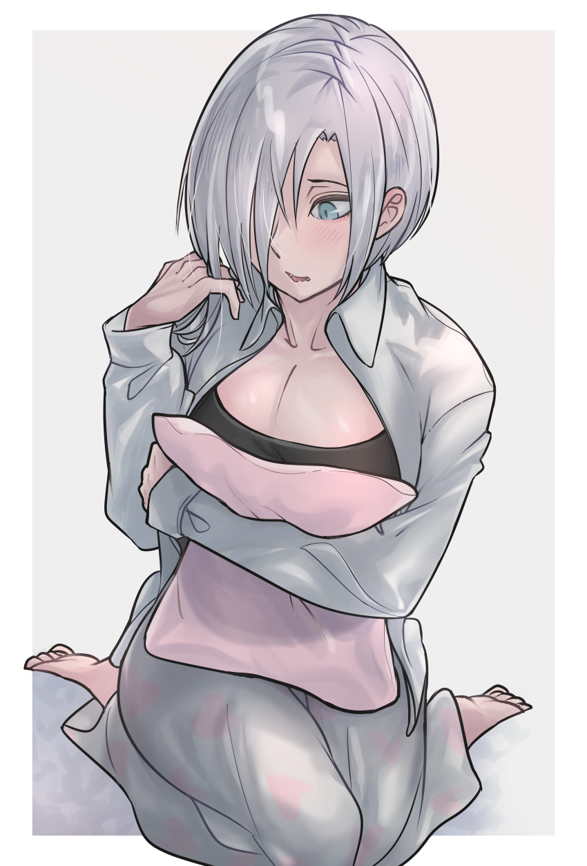 absurdres black_shirt blue_eyes blush breasts cleavage collarbone commission from_above fuku00 full_body girls'_frontline grey_hair hair_over_one_eye hand_in_own_hair hand_up heart heart_print highres holding holding_pillow mg5_(girls'_frontline) open_clothes open_mouth open_shirt pajamas pants pillow pink_pillow second-party_source seiza shirt simple_background sitting toes undershirt white_pants white_shirt
