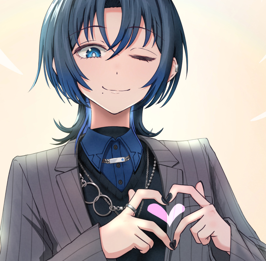 1girl black_nails black_shirt blue_eyes blue_hair blue_shirt collared_shirt grey_jacket heart heart_hands highres hiodoshi_ao hololive jacket jewelry mole mole_under_mouth nail_polish one_eye_closed reiwa_rerere ring shirt short_hair smile solo striped striped_jacket vertical-striped_jacket vertical_stripes virtual_youtuber