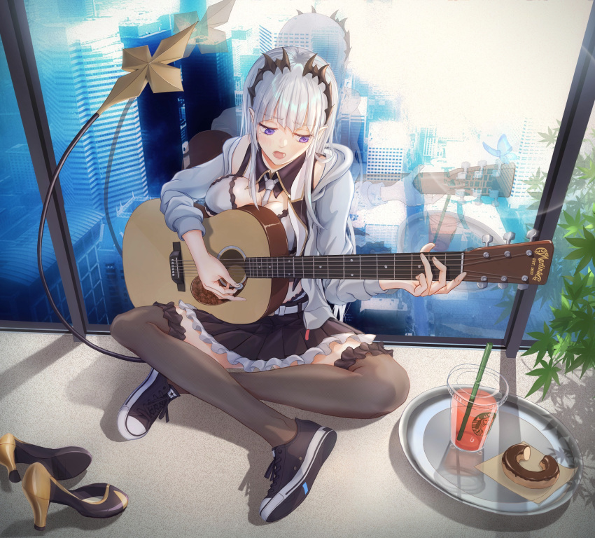 1girl absurdres acoustic_guitar between_breasts black_footwear black_skirt black_vest blush botan_(oacdrykafjf3g3d) breasts building city cleavage commentary cup day demon_girl demon_tail doughnut drinking_straw food frilled_skirt frilled_thighhighs frills full_body grey_hoodie grey_thighhighs guitar high_heels highres holding holding_guitar holding_instrument holding_plectrum honey_strap hood hoodie indian_style indoors instrument large_breasts long_hair long_sleeves looking_down lower_teeth_only medium_bangs miniskirt music nanashi_inc. napkin necktie necktie_between_breasts open_clothes open_hoodie open_mouth plant plate playing_instrument pleated_skirt plectrum pointy_ears potted_plant purple_eyes reflection shoes sitting skirt skyscraper sneakers solo sougetsu_eli starbucks tail teeth thighhighs unworn_shoes vest virtual_youtuber white_hair white_necktie window