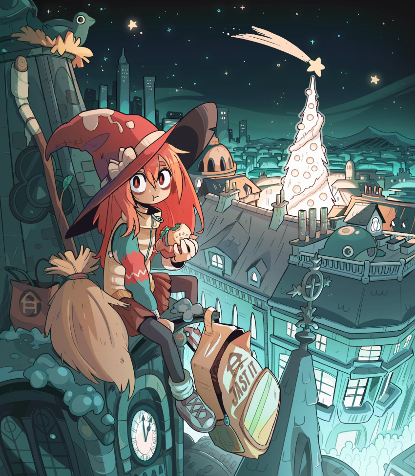 1girl bird boots broom broom_riding building car carles_dalmau city city_lights cityscape clock clock_tower food halloween hat highres long_hair motor_vehicle night night_sky red_hair shooting_star sky skyline snowing star_(sky) starry_sky tower witch witch_hat