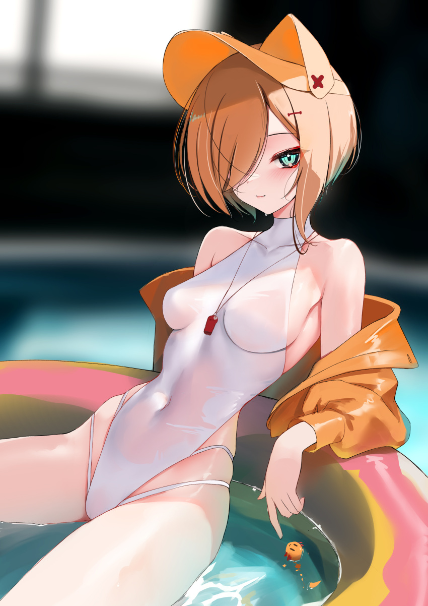 1girl absurdres animal_ears breasts brown_hair collarbone covered_navel dog_ears dog_girl eyeshadow green_eyes hair_over_one_eye halterneck highres jacket lifeguard makeup medium_breasts miyoshino_shiki off_shoulder one_eye_covered prism_project red_eyeshadow rifufu solo swimsuit virtual_youtuber wading_pool whistle whistle_around_neck