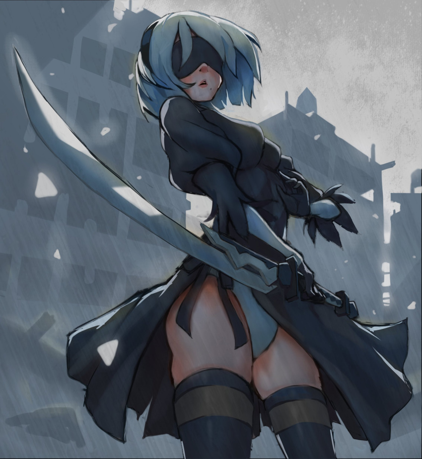 1girl absurdres back_cutout black_blindfold black_dress black_gloves black_hairband black_thighhighs blindfold boots breasts cleavage_cutout clothing_cutout dress feather-trimmed_sleeves feather_trim gloves hairband highres holding holding_sword holding_weapon juliet_sleeves katana leotard long_sleeves medium_breasts mole mole_under_mouth nier:automata nier_(series) puffy_sleeves short_hair sword thighhighs thighhighs_under_boots virtuous_contract weapon white_hair white_leotard yorha_no._2_type_b yukimakingart