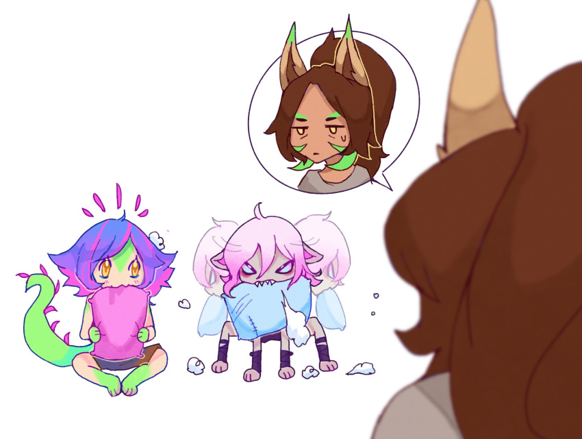 3girls animal_ears blue_eyes briar_(league_of_legends) brown_hair chameleon_girl chameleon_tail closed_mouth hair_between_eyes highres knol_(flowrmosh) league_of_legends leaning_forward lion_ears lion_girl multicolored_hair multiple_girls neeko_(league_of_legends) nidalee parted_bangs pillow pink_hair sharp_teeth short_hair sidelocks simple_background sitting sweatdrop tail teeth two-tone_hair vampire white_background yellow_eyes