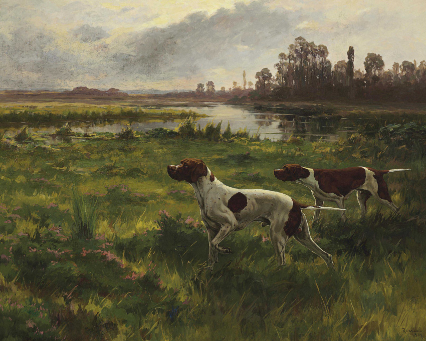 1909 20th_century absurd_res ancient_art animal_genitalia balls canid canine canis detailed_background domestic_dog duo english_pointer feral field floppy_ears fur genitals hi_res male mammal multicolored_body multicolored_fur oil_painting_(artwork) painting_(artwork) paws percival_rosseau plant public_domain quadruped sheath signature tail traditional_media_(artwork) tree wetland