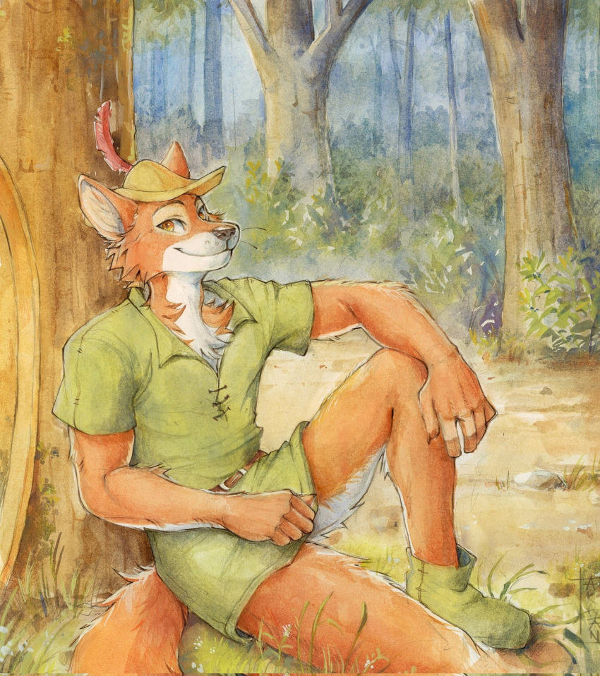 akatan_art anthro canid canine cheek_tuft chest_tuft closed_smile clothed clothing facial_tuft fox full-length_portrait fur green_clothing hat headgear headwear hi_res looking_at_viewer male mammal mouth_closed neck_tuft orange_body orange_eyes orange_fur outside plant portrait robin_hood shrub signature sitting solo tree tuft wearing_hat yellow_clothing yellow_hat yellow_headwear