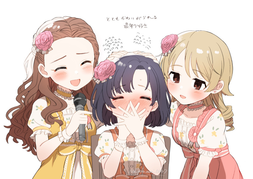 3girls ^_^ black_hair blush brown_hair choker closed_eyes covering_mouth flower flying_sweatdrops frilled_choker frills hair_flower hair_ornament headphones holding holding_microphone idolmaster idolmaster_cinderella_girls light_brown_hair looking_at_another microphone morikubo_nono multiple_girls puffy_short_sleeves puffy_sleeves seki_hiromi shiragiku_hotaru shisui_(5830217) short_sleeves signature simple_background sweatdrop translation_request upper_body white_background wrist_cuffs