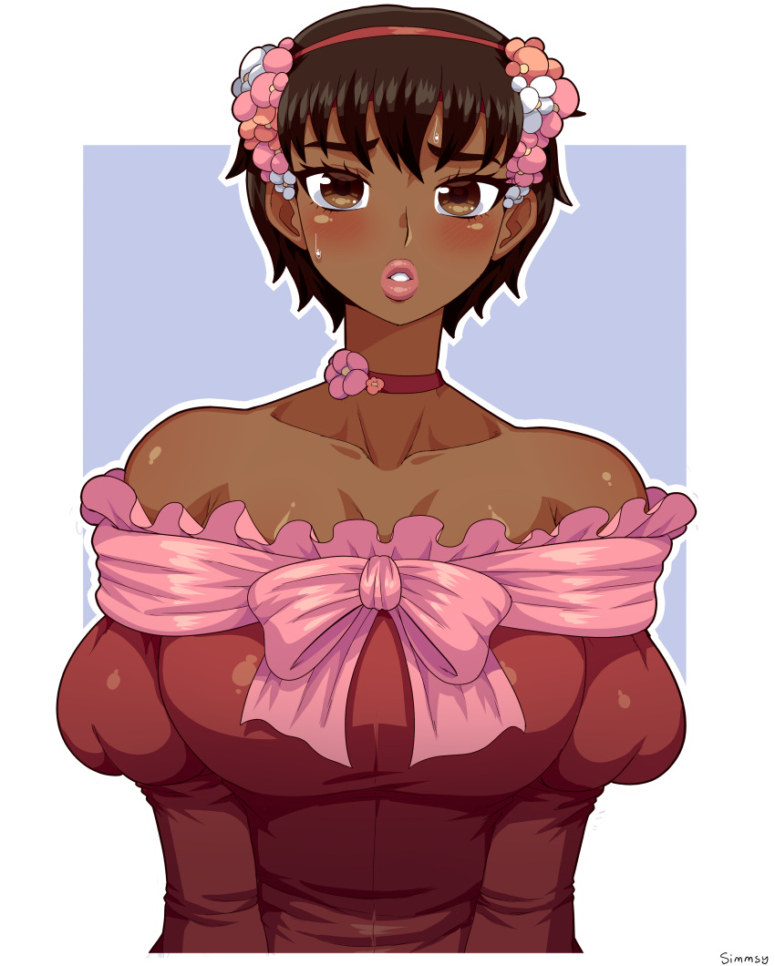 absurdres berserk breasts brown_eyes brown_hair casca_(berserk) choker dark-skinned_female dark_skin dress flower hair_flower hair_ornament hairband highres juliet_sleeves light_blush lips long_sleeves looking_at_viewer parted_lips puffy_sleeves red_choker red_dress short_hair simmsy sweatdrop upper_body