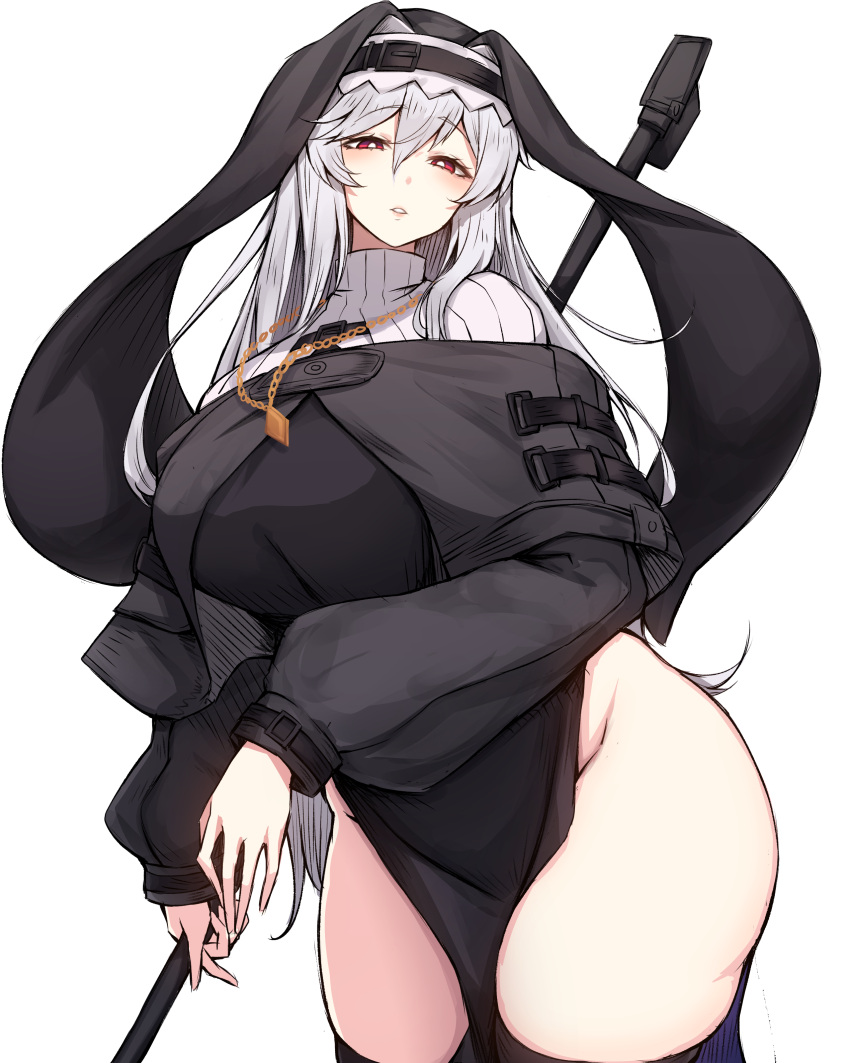1girl absurdres arknights black_capelet black_dress black_headwear black_thighhighs black_veil blush breasts capelet commentary cowboy_shot curvy dress grey_hair groin habit hair_between_eyes highres holding holding_weapon jewelry large_breasts long_hair looking_at_viewer necklace nun parted_lips pelvic_curtain red_eyes ribbed_sweater rikuguma simple_background solo specter_(arknights) standing sweater thighhighs thighs turtleneck turtleneck_sweater veil weapon white_background white_sweater