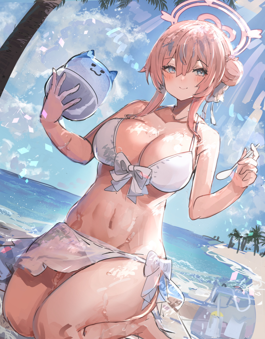 1girl bare_legs barefoot beach bikini blue_archive blush breasts cleavage collarbone dutch_angle hair_bun halo highres kneeling large_breasts looking_at_viewer mimori_(blue_archive) mimori_(swimsuit)_(blue_archive) navel official_alternate_costume outdoors palm_tree pink_hair sarong sidelocks single_side_bun sketch smile solo stomach swimsuit the_olphy tree white_bikini white_sarong