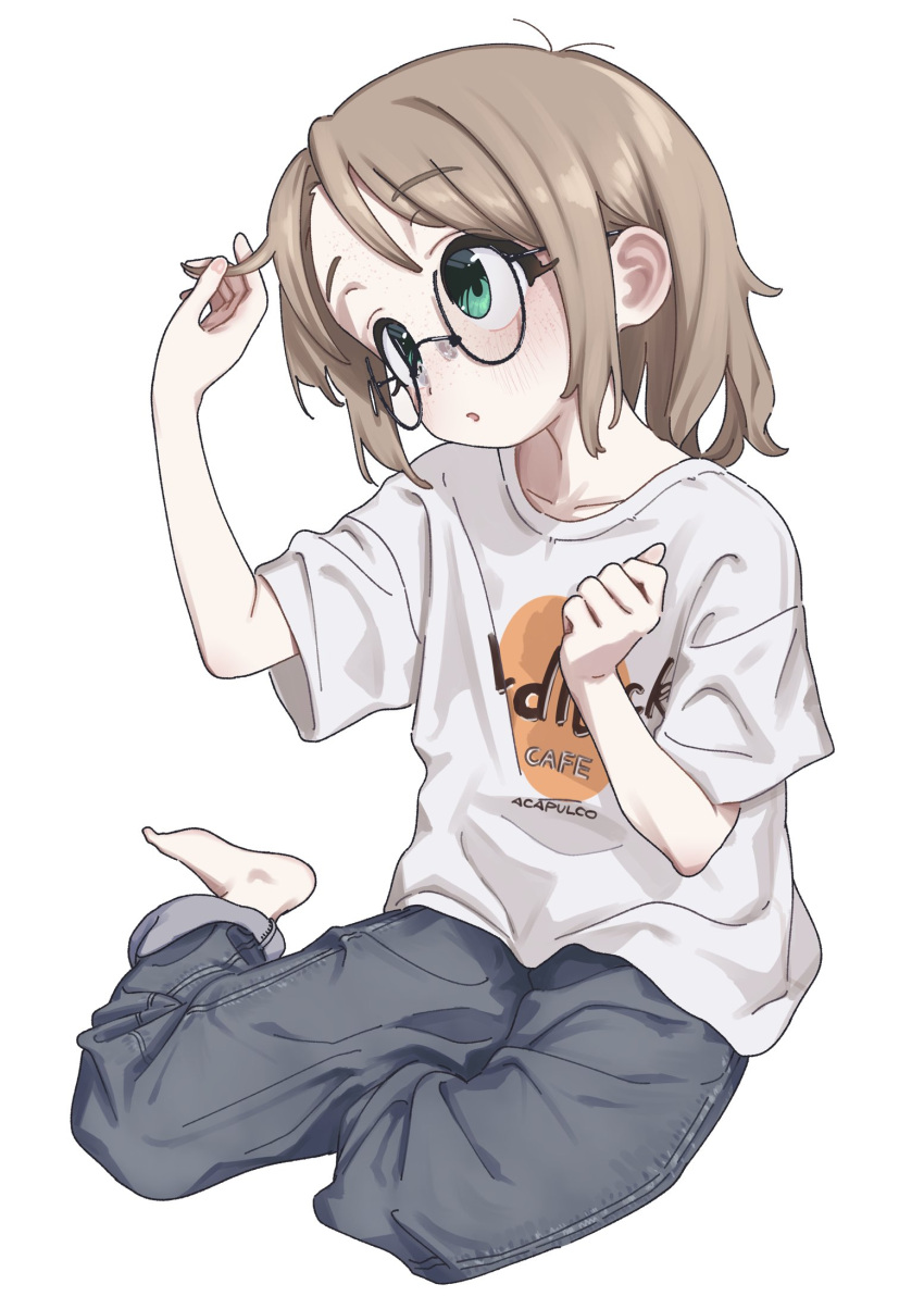 1girl bouen brown_hair child denim glasses highres jeans light_blush medium_hair open_mouth original pants pants_rolled_up round_eyewear semi-rimless_eyewear shirt short_sleeves simple_background sitting solo t-shirt white_background white_shirt