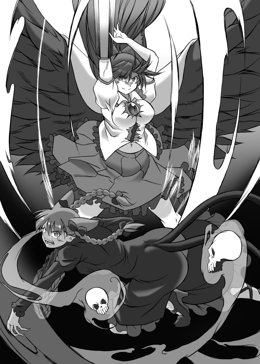 2girls angeldust arm_cannon arms_up bird_wings bow braid breasts cape cat_tail closed_mouth collared_shirt commentary_request control_rod dress extra_ears floating_skull frilled_dress frilled_shirt_collar frilled_skirt frills full_body greyscale hair_between_eyes hair_bow high_heels highres kaenbyou_rin large_breasts leg_ribbon long_hair long_sleeves looking_at_viewer medium_bangs monochrome multiple_girls multiple_tails navel open_mouth puffy_short_sleeves puffy_sleeves reiuji_utsuho ribbon shirt short_sleeves skirt skull smile tail textless_version third_eye touhou twin_braids weapon wings