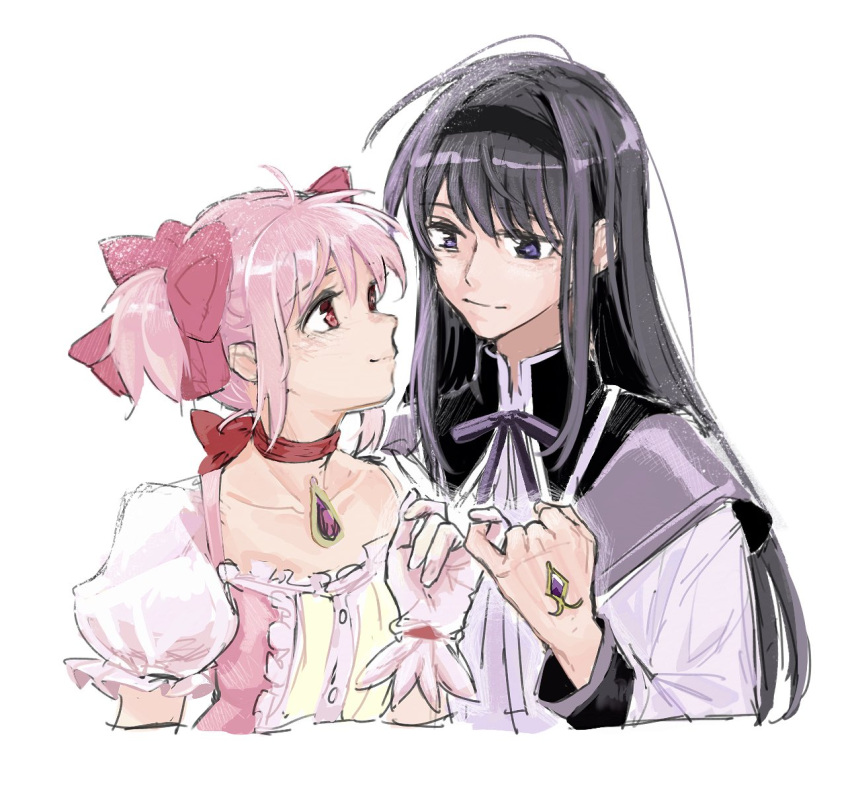 2girls akemi_homura black_hair black_hairband bow bow_choker capelet choker collarbone collared_capelet commentary cropped_torso dress eye_contact frilled_dress frilled_sleeves frills gloves hair_bow hairband hand_up highres kaname_madoka karen_le_cao long_hair looking_at_another magical_girl mahou_shoujo_madoka_magica mahou_shoujo_madoka_magica_(anime) multiple_girls neck_ribbon pink_bow pink_dress pink_gloves pink_hair pinky_out pinky_swear puffy_short_sleeves puffy_sleeves purple_capelet purple_eyes red_bow red_choker red_eyes ribbon short_hair short_sleeves short_twintails simple_background sketch smile twintails upper_body white_background