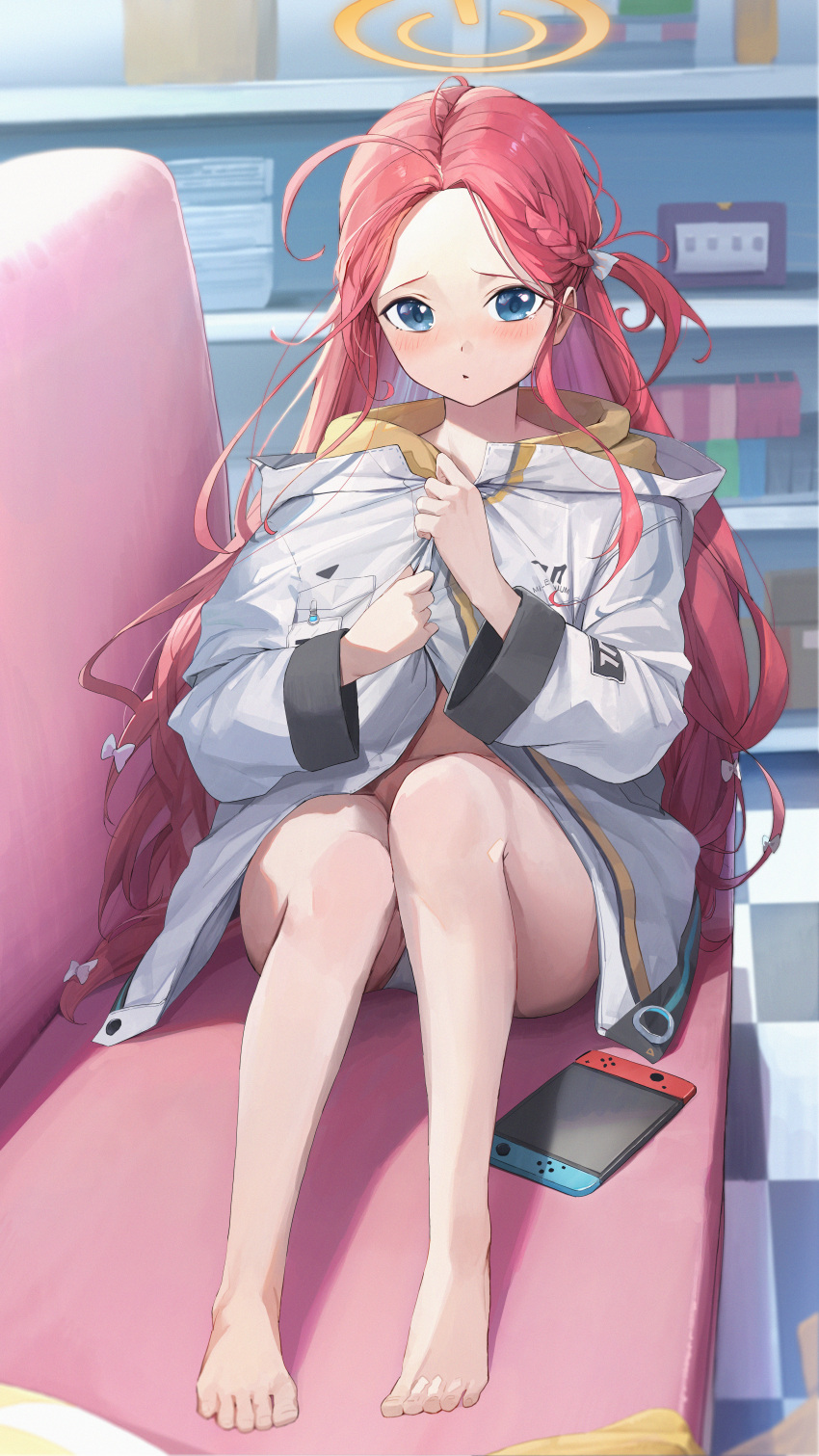 1girl absurdres bare_legs barefoot blue_archive blue_eyes blush enokinoko1010 halo highres jacket long_hair looking_at_viewer nintendo_switch panties parted_lips red_hair solo two-sided_fabric two-sided_jacket underwear white_jacket white_panties yellow_halo yuzu_(blue_archive)