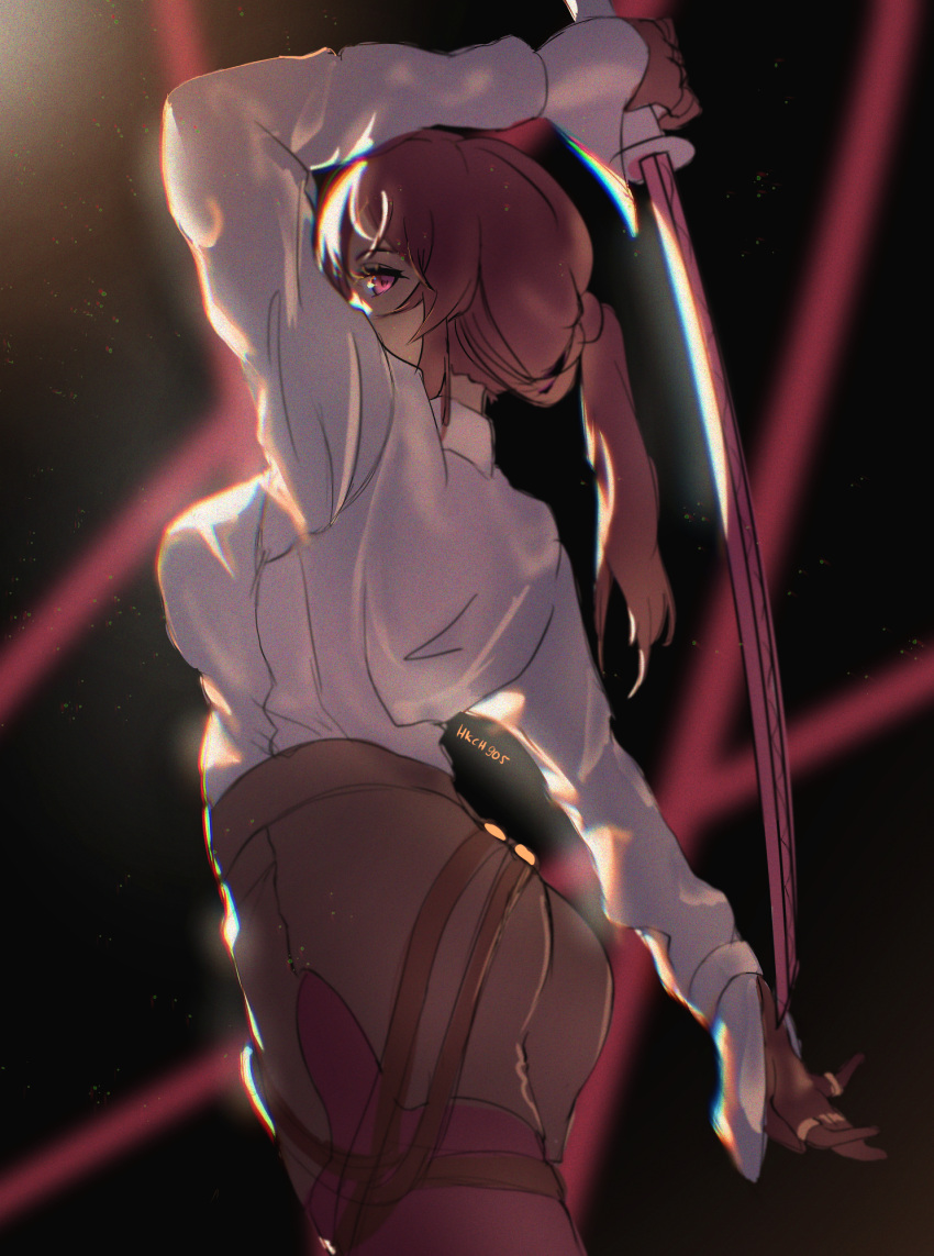 1girl ass black_shorts collared_shirt high-waist_shorts highres hikaru_aruka holding holding_sword holding_weapon honkai:_star_rail honkai_(series) kafka_(honkai:_star_rail) long_sleeves pantyhose_under_shorts ponytail purple_eyes purple_hair shirt shorts side_slit side_slit_shorts solo sword weapon white_shirt