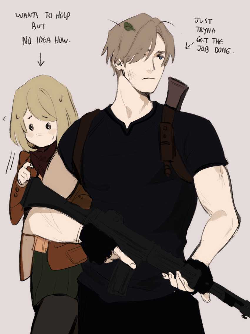 1boy 1girl ashley_graham black_gloves black_shirt blonde_hair blue_eyes brown_hair curtained_hair english_commentary english_text fingerless_gloves gloves gun highres holding holding_gun holding_weapon holster knife_holster leon_s._kennedy monmeon muscular muscular_male resident_evil resident_evil_4 resident_evil_4_(remake) shirt short_hair shoulder_holster sweatdrop t-shirt weapon