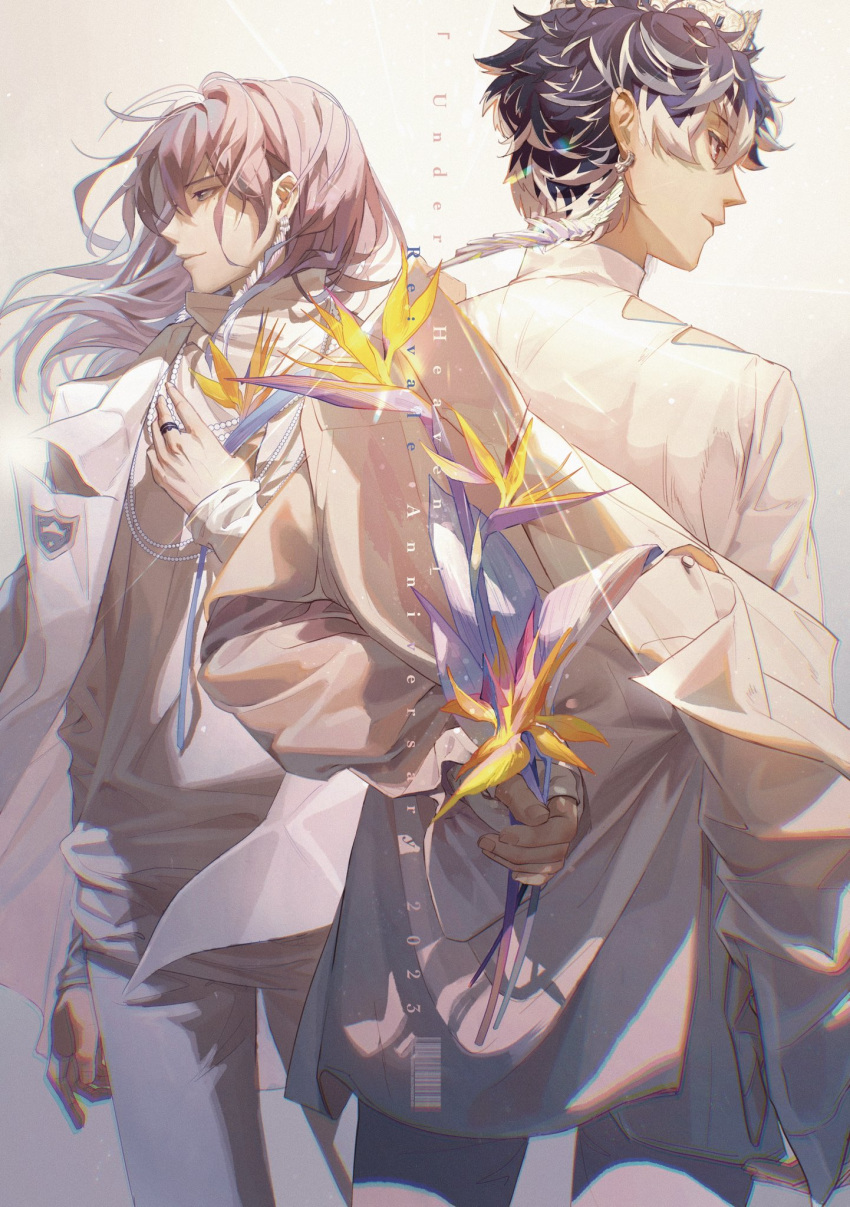 2boys blue_eyes blue_hair collared_shirt earrings grey_pants highres idol_clothes idolish7 jewelry long_hair long_sleeves male_focus momo_(idolish7) multicolored_hair multiple_boys pants pink_eyes shirt short_hair white_background white_hair white_shirt yuki_(idolish7) yusaazusa