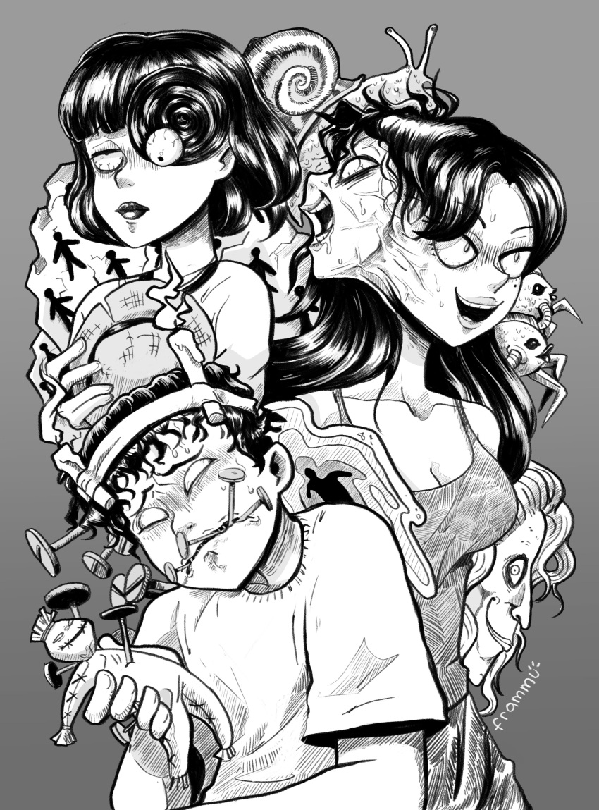 2boys 2girls absurdres artist_name black_hair body_horror candle copyright_request doll empty_eyes evil_smile fish frammu grey_background highres holding holding_doll horror_(theme) itou_junji_(style) junji_ito_collection kawakami_tomie long_hair medium_hair monochrome multiple_boys multiple_girls nail shirt short_hair smile snail spiral the_enigma_of_amigara_fault tomie tsujii_souichi utensil_in_mouth uzumaki voodoo_doll white_shirt