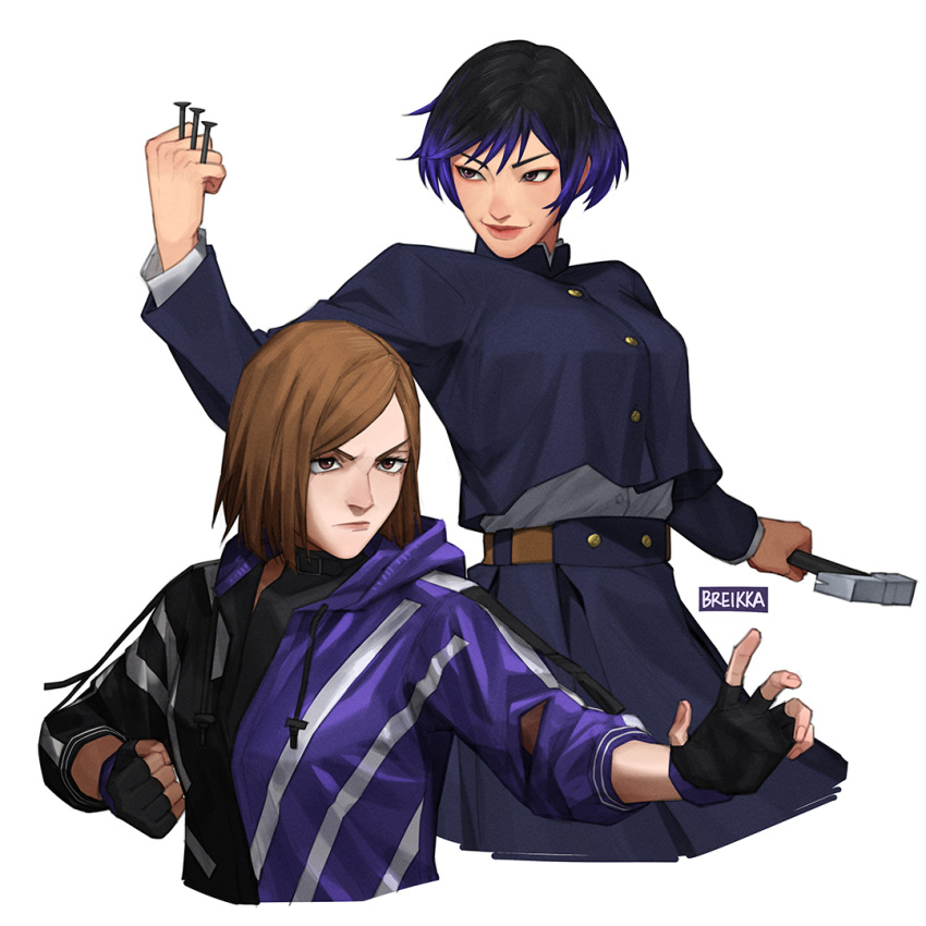 2girls breikka brown_hair colored_tips cosplay crossover gakuran hammer holding holding_hammer holding_nail hood hooded_jacket jacket jujutsu_kaisen jujutsu_tech_uniform kugisaki_nobara kugisaki_nobara_(cosplay) multicolored_clothes multicolored_hair multicolored_jacket multiple_girls nail partially_unzipped reina_(tekken) reina_(tekken)_(cosplay) school_uniform tekken tekken_8 two-tone_jacket undercut voice_actor_connection