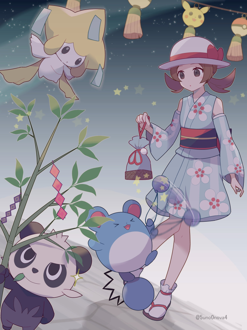 1girl 343rone absurdres brown_eyes brown_hair closed_mouth commentary_request detached_sleeves eyelashes floral_print green_kimono hat highres holding japanese_clothes jirachi kimono lyra_(pokemon) lyra_(summer_2020)_(pokemon) marill motion_blur night official_alternate_costume outdoors pancham pokemon pokemon_(creature) pokemon_(game) pokemon_masters_ex pouch sandals sash sky socks standing star_(symbol) twintails twitter_username watermark white_headwear white_socks yukata