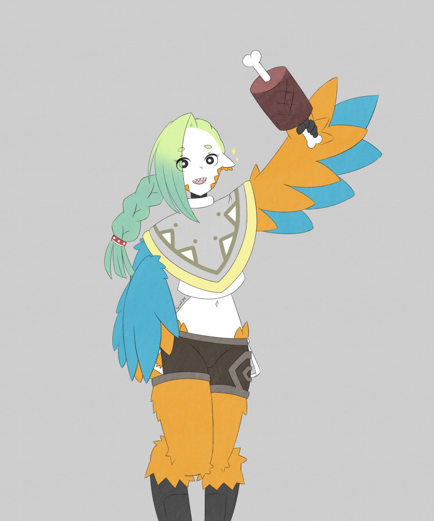 1girl absurdres animal_ears artist_name bird_ears bird_legs blue_feathers boned_meat borrowed_character braid feathered_wings feathers food gimli34 gradient_hair green_hair grey_background grey_poncho harpy highres holding holding_food long_hair mako_(eogks) meat midriff monster_girl multicolored_hair navel open_mouth orange_feathers orange_wings original solo two-tone_wings winged_arms wings