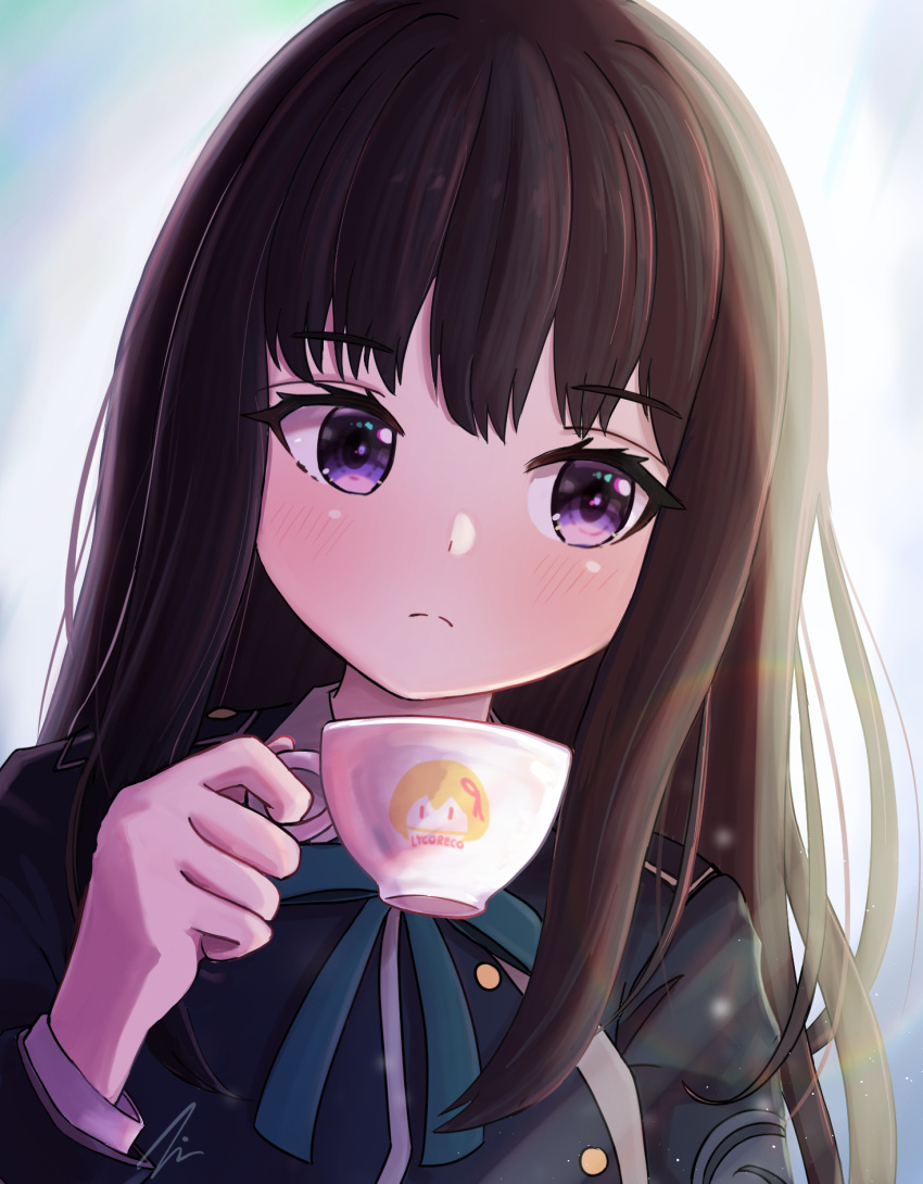 1girl black_hair blue_dress copyright_name cup dress highres holding holding_cup inoue_takina long_hair looking_to_the_side lycoris_recoil lycoris_uniform nishikigi_chisato print_cup purple_eyes tim_1127 white_background