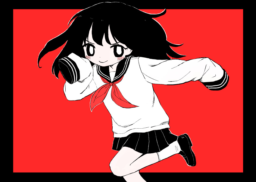 1girl black_border black_eyes black_hair black_sailor_collar black_skirt blush_stickers border bright_pupils closed_mouth commentary_request floating_hair foot_out_of_frame foot_up highres loafers long_hair looking_at_viewer neckerchief original outline outside_border pleated_skirt red_background red_neckerchief sailor_collar school_uniform serafuku shii595 shirt shoes simple_background skirt sleeves_past_fingers sleeves_past_wrists smile socks solo standing standing_on_one_leg v-shaped_eyebrows white_pupils white_shirt white_socks