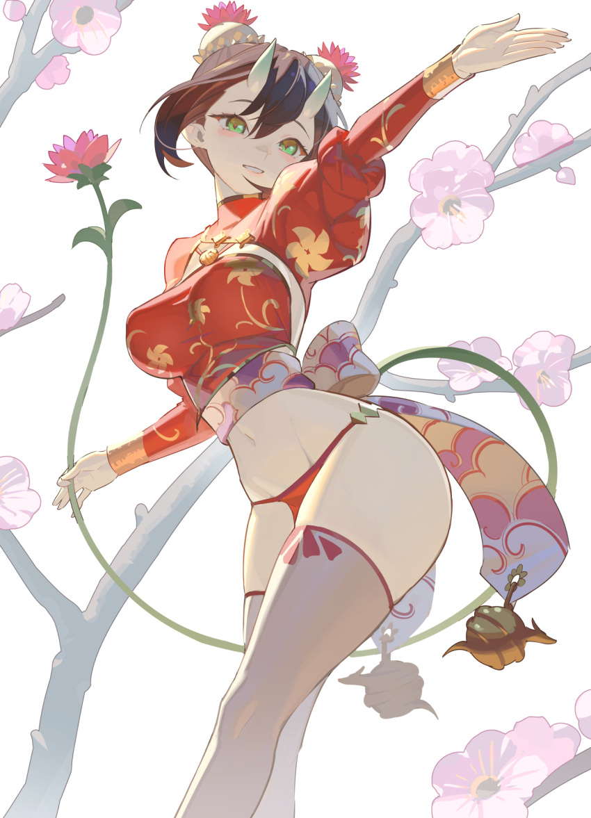 1girl black_hair blush bracelet breasts bun_cover cropped_shirt double_bun floral_print flower green_eyes grin hair_bun highres horns jewelry large_breasts long_sleeves navel oni oni_horns original panties pointy_ears red_panties red_shirt sash shirt short_hair skin-covered_horns smile solo thighhighs thighs timbougami underwear white_thighhighs