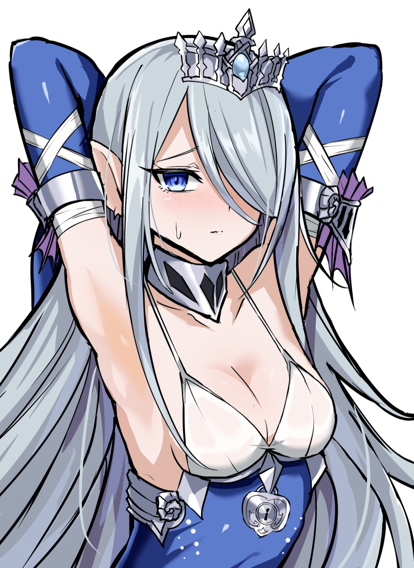 1girl armpits blue_dress blue_eyes blush breasts collar detached_sleeves dress duel_monster fins grey_hair head_fins highres lock long_hair medium_breasts metal_collar nervous siren_(mythology) solo sweatdrop synchroman tearlaments_havnis tiara upper_body white_background yu-gi-oh!